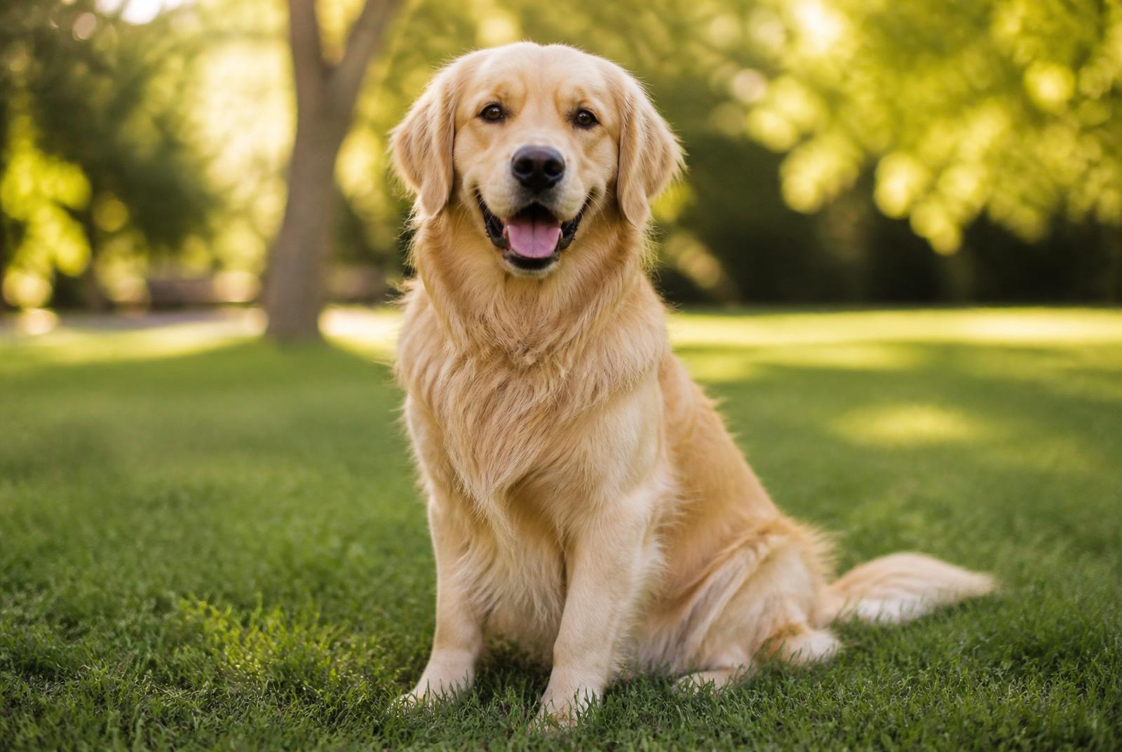A happy golden retriever sitting on grass